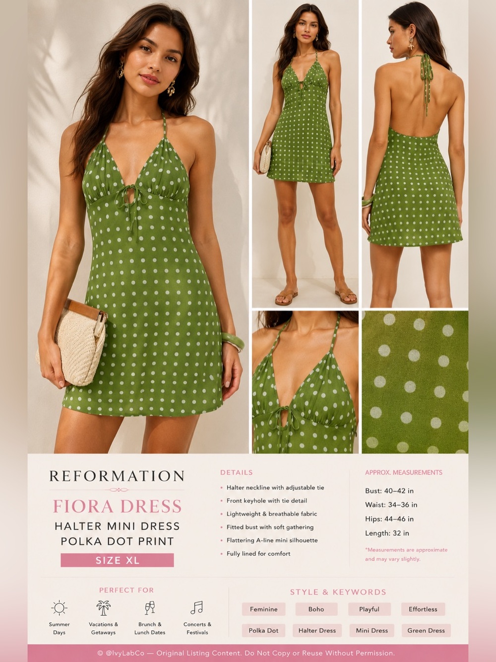 Reformation Fiora Green Polka Dot Halter Mini Dress Size XL NWOT